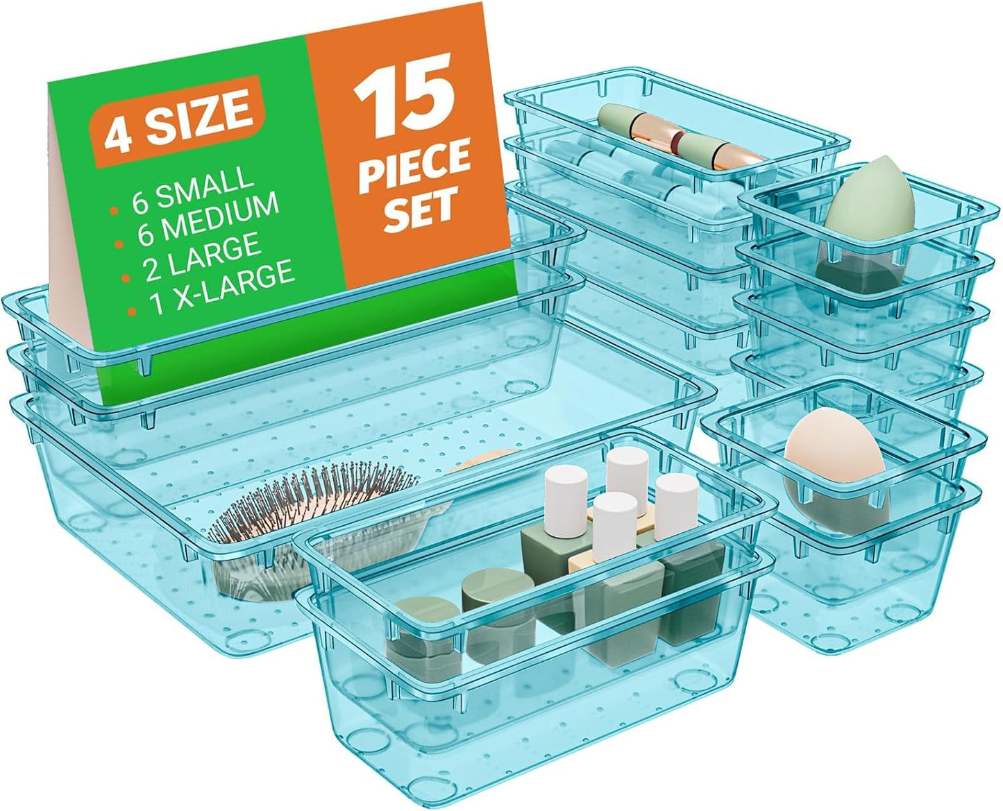 15 PCS Clear Plastic Drawer Organizer Set, 4-Size Acrylic Drawer Storage Trays, Storage Bins for Makeup, Gadgets, and Jewelry in Bathroom, Bedroom and Office, Clear Sea Blue