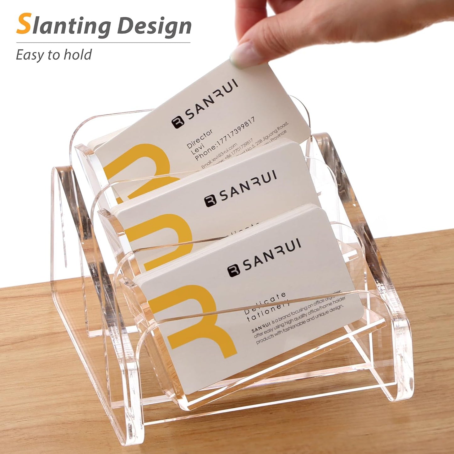 SANRUI Acrylic Business Card Holder for Desk, 3 Tier Clear Tilt Business Name Card Display Holders Stand Storage Organizer Fits 180 Business Cards (Horizontal, 3-Slot)