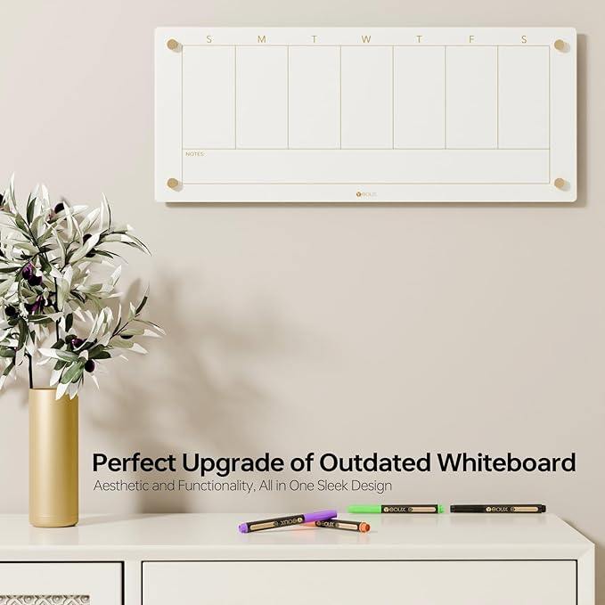 Glass Golden Weekly Dry Erase Calendar White Board for Wall, to Do List & 7 Days Planner Whiteboard for Home Office, 23x9.5, 4 Wet Erase Markers Included, Yeoux