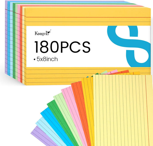 Koogel 180PCS Large Colored Index Cards, 5x8 Inch Lined Index Neon Colored Flash Cards with Both Sides Notecards for Back To School Studying School Classroom Note Taking Recipes Supplies