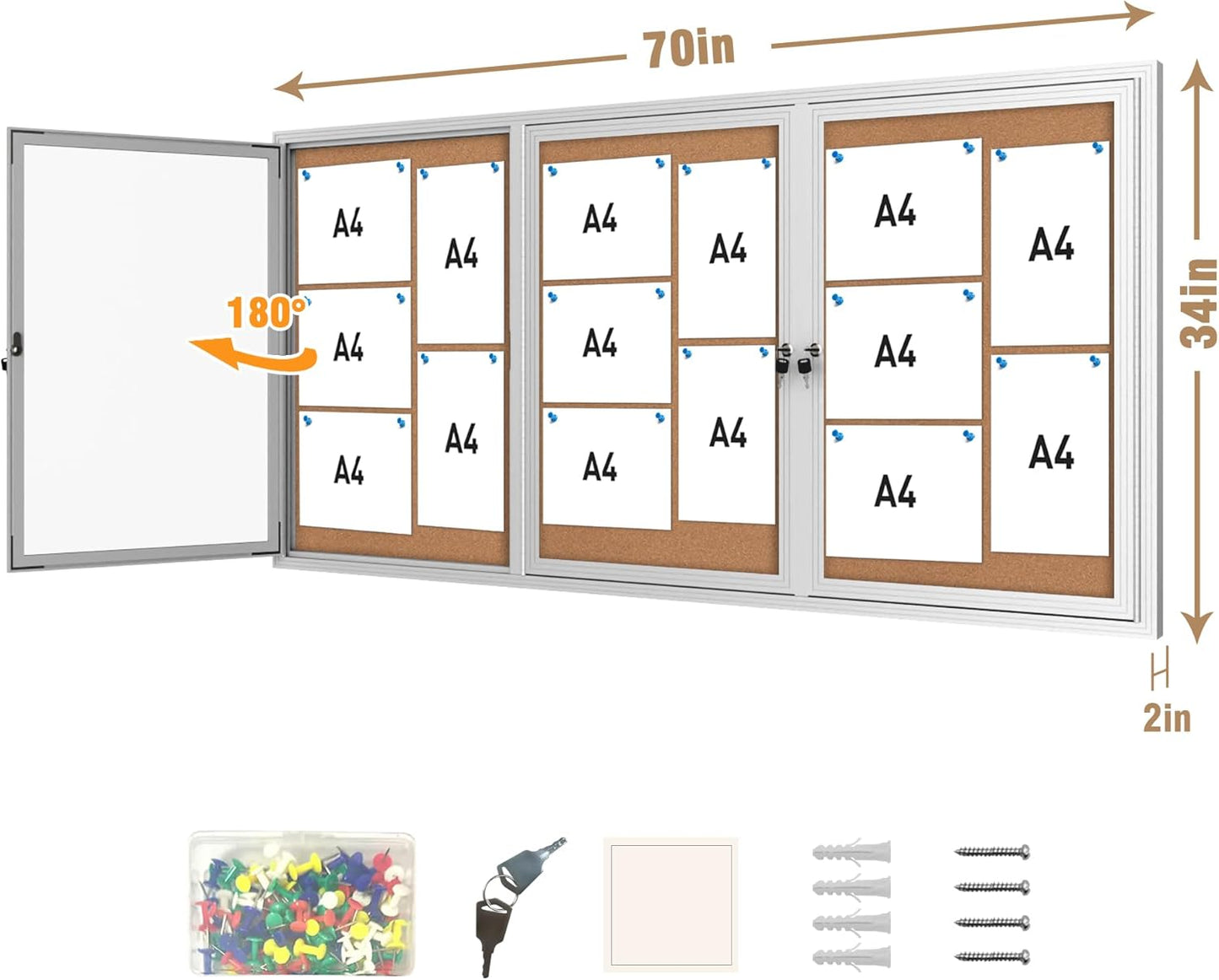 70"x34" Enclosed Bulletin Board, Outdoor Lockable Weather-Resistant Aluminum Cork Noticeboard for School & Office, Silver Frame w/Cork