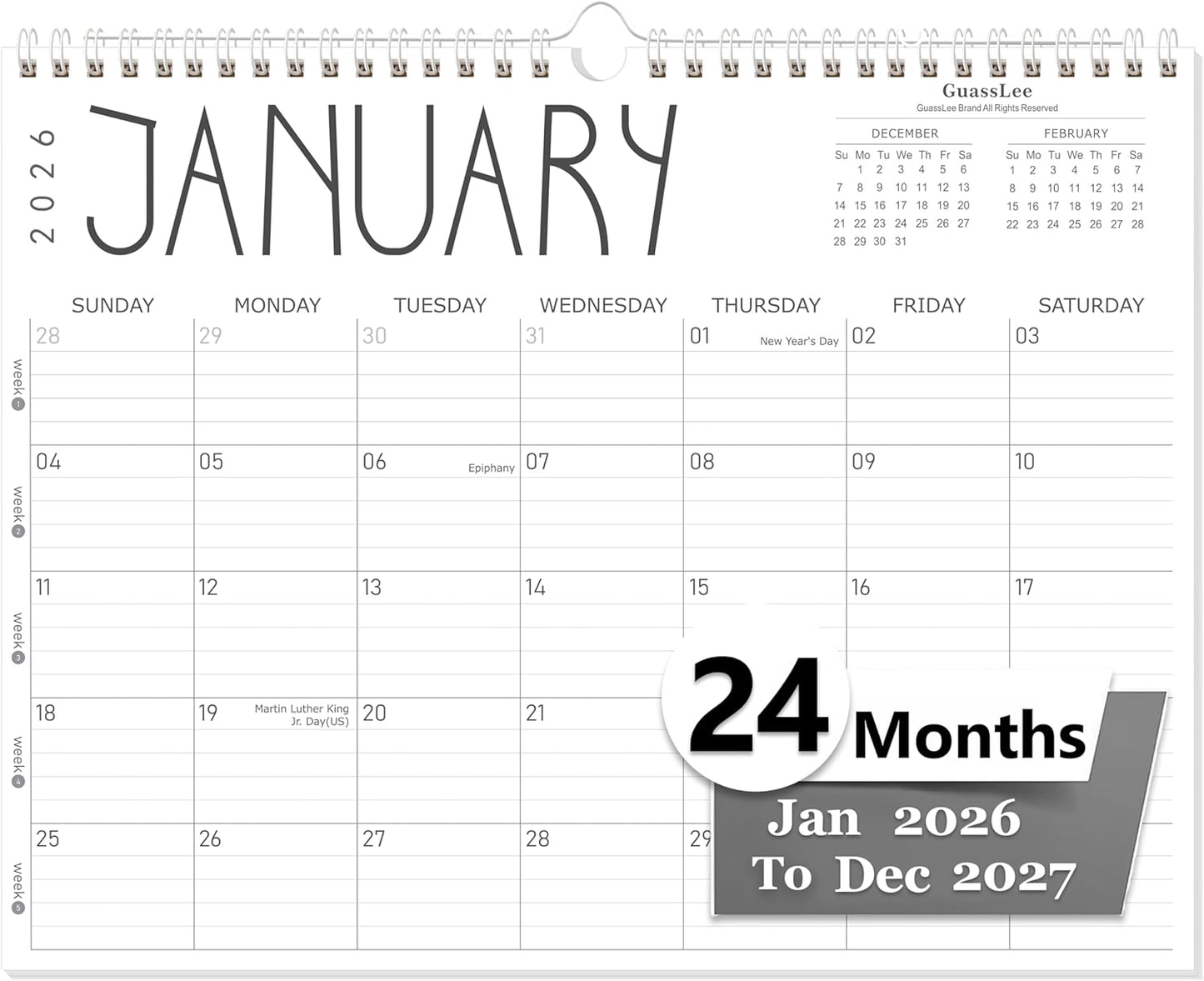 GuassLee Wall Calendar 2026-2027, 24-Month Wall Calendar Runs from January 2026 until December 2027,14" X 11" Hanging Monthly Planner with Thick Paper, Ruled Blocks for Home School Office Organizing