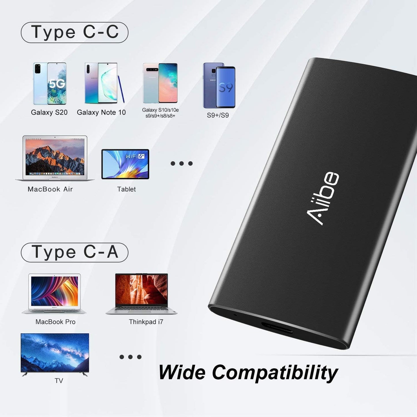 Aiibe External SSD 256GB External Hard Drive USB C Portable SSD, Up to 500MB/s, USB 3.1, External Solid State Drive 256GB for Laptop, Mac, PS4 (Black)