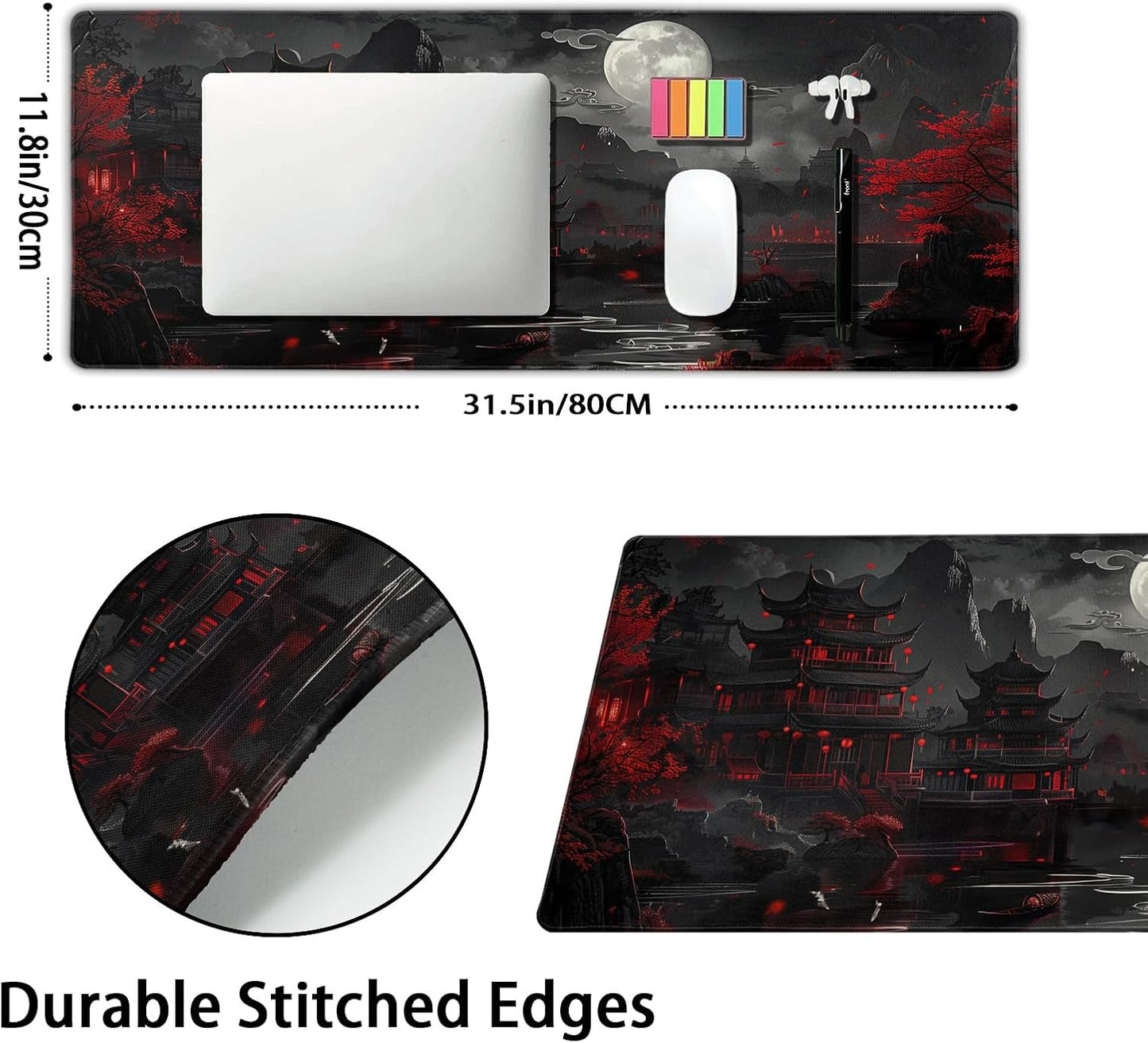 Full Moon Night Gaming Mouse Pad XLBlack Red Mountain Japanese Extended Large Mat Mousepad Desk Pad Non-Slip Rubber Base Stitched Edge Long Keyboard Pad for Computer,31.5×11.8 Inch