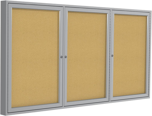 Ghent 48"x72" 3-Door indoor Enclosed Bulletin Board , Shatter Resistant, with Lock, Satin Aluminum Frame Natural Cork (PA34872K) Made in the USA