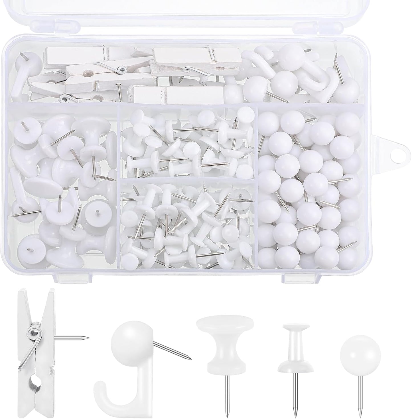 BESARME 200 Pieces Push Pins Set, 5 Types White Thumb Tacks Cute Decorative Push Pins for Wall Cork Board Bulletin Boards with Storage Box