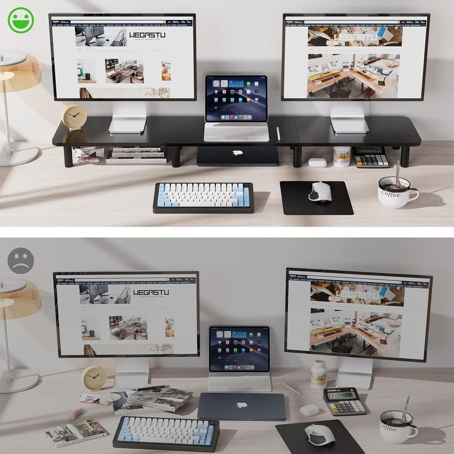 43.7" Extra Long Dual Monitor Stand Riser, Wood & Steel Monitor Stand for 2 Monitors, Wide TV Stand, Desktop Riser for Desk Organization, Home Office，Laptop,Printer,TV (Black)