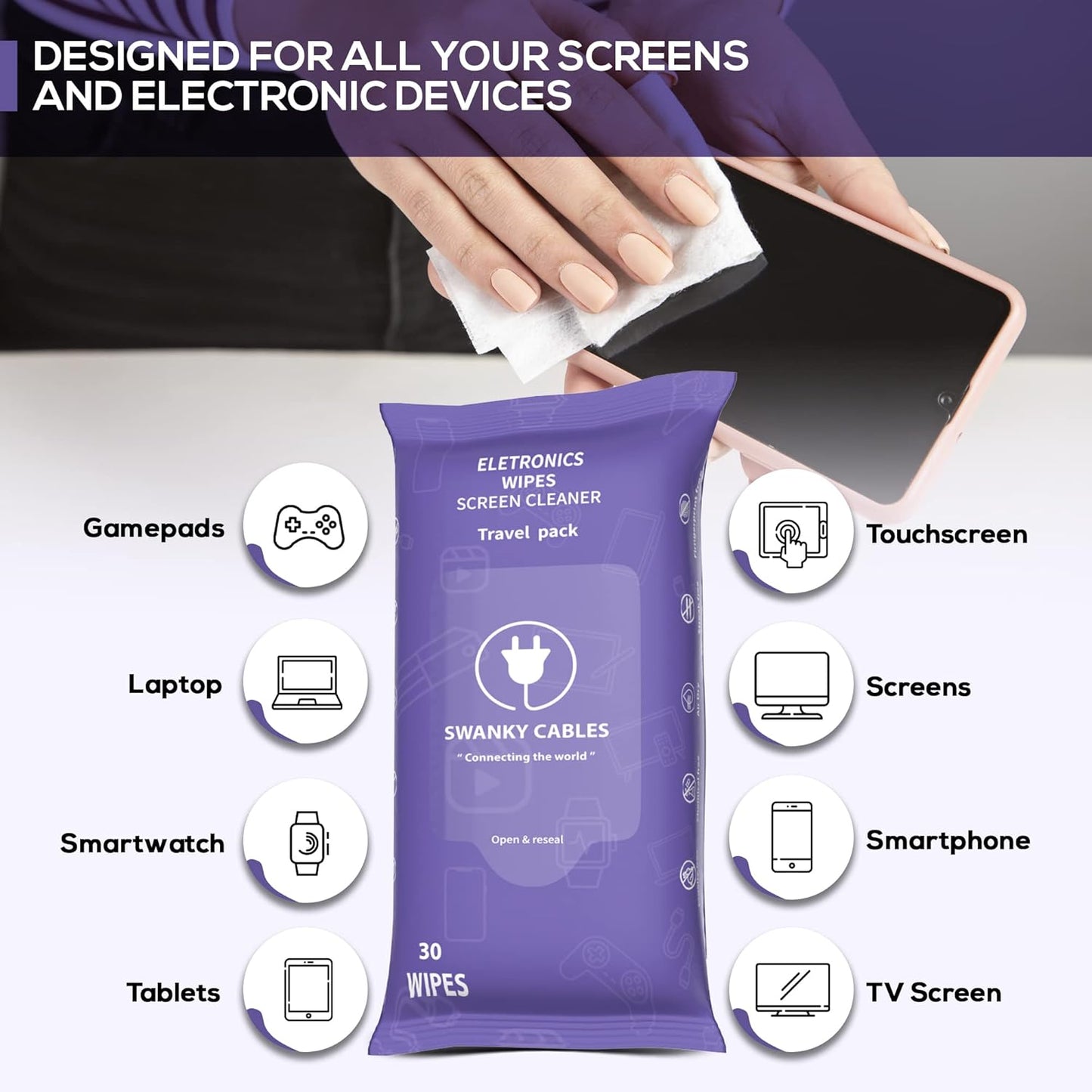 Screen Cleaner Wipes: Electronic Wipes for Screens - Computer Screen Wipes for Lens, Phone, Tv Screen and Monitor Cleaning - Tech Wipes & Microfiber Cloth (Soft Wipes, 60 Count)