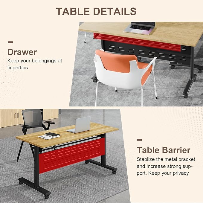 Folding Conference Room Table, Modern Conference Tables with Wheels, Large Rectangular Mobile Training Tables for Office Classroom, Foldable Modular Boardroom Seminar Table Maple (6pack L70.9in)