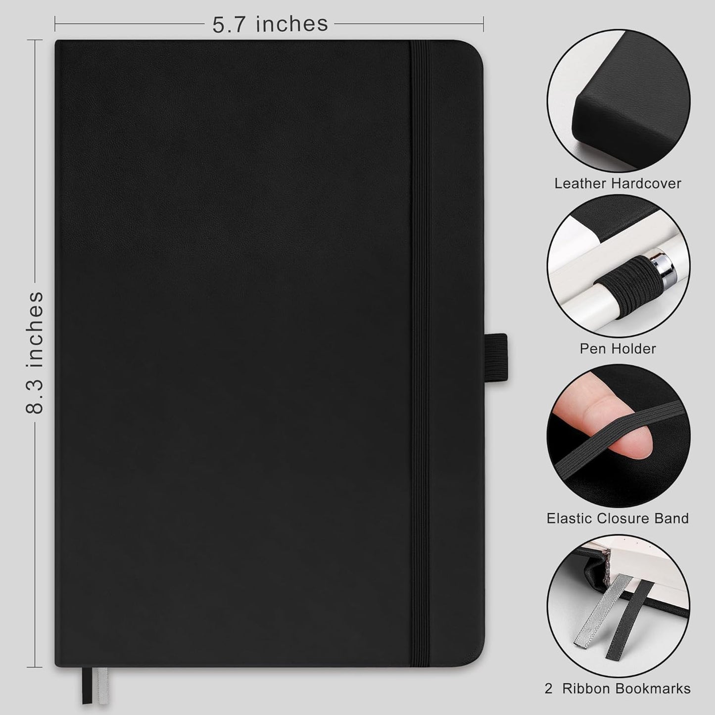 RETTACY Graph Grid Paper Notebook, 2-Pack, 192 Pages per Pack, A5 Medium Size (5.7'' x 8.3''), Leather Hardcover, 100 GSM Thick Paper, for School, Students, Math, Engineering (Black & Black)