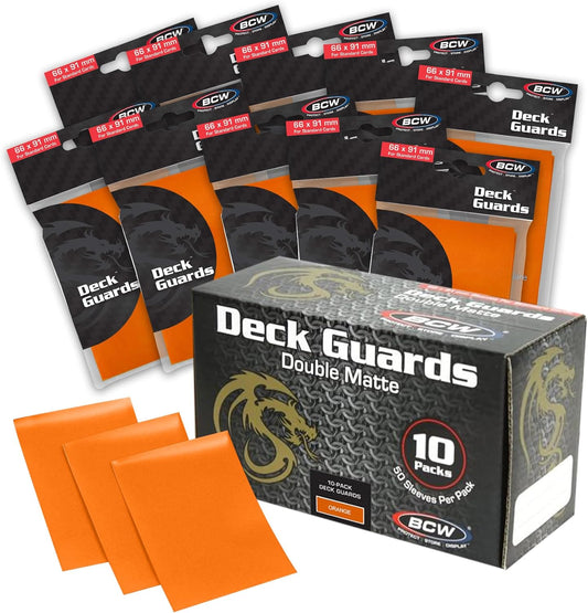 BCW Deck Guard - Double Matte Card Sleeves | 500 Count Box (10 Packs of 50 Sleeves) |Acid-Free, No PVC | Fits 2.5" x 3.5" Game Cards | Archival Safe Sleeves for Card Protection (Orange)