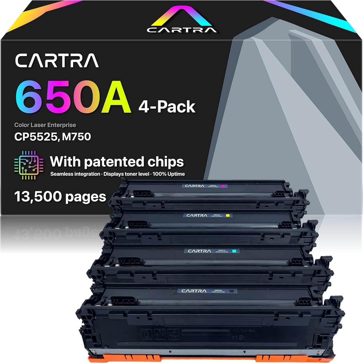 CARTRA 650A Toner Cartridges 4 Pack Compatible Replacement for HP 650A Toner Cartridges, Works with Printer Series CP5525 CP5525dn CP5525n CP5525xh M750dn M750n M750xh | Black Cyan Yellow Magenta