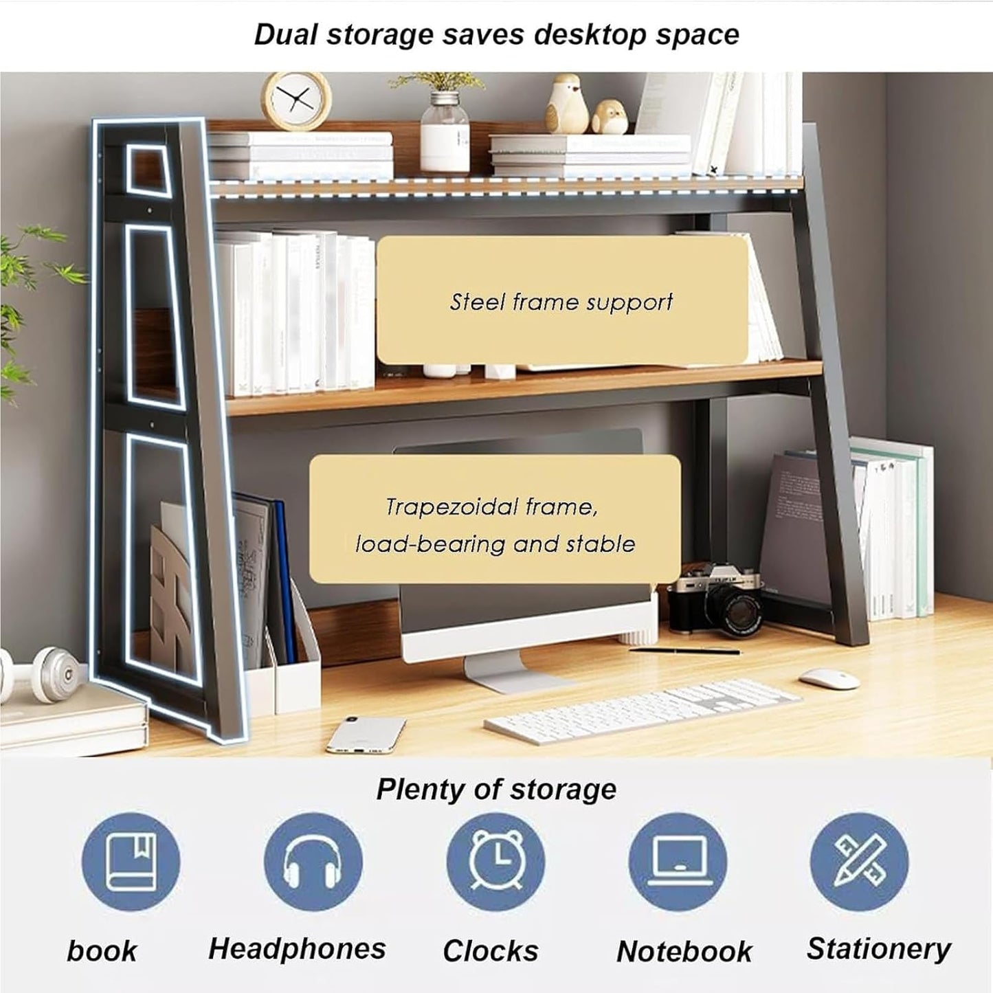 FPIGSHS Desktop Hutch Shelf，2-Tier Computer Desktop Bookcase Desk Organizer Shelf for Top Multipurpose Countertop Display Storage Rack for Home Office Dorm Use (115cm/45.2in)