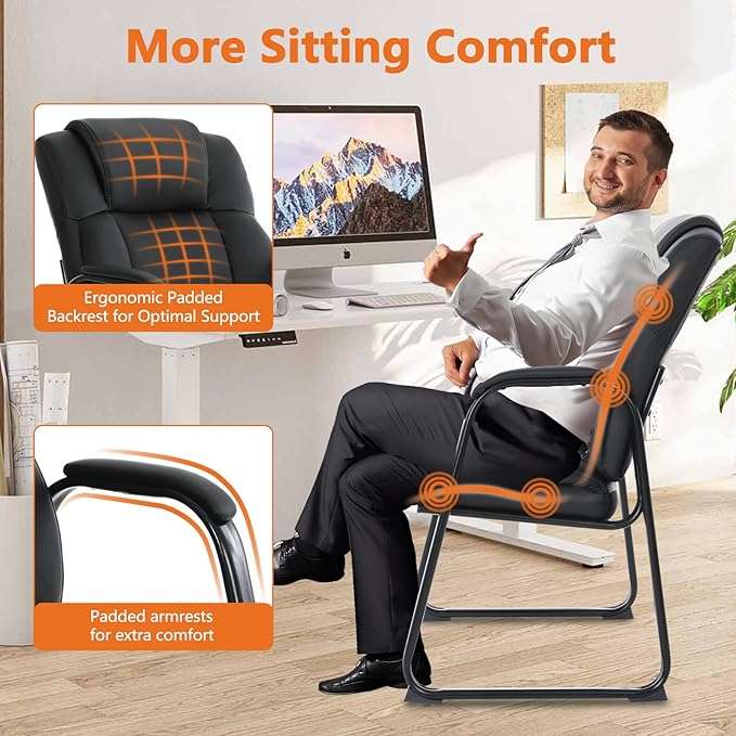 CLATINA Big & Tall 500 lb. Guest Chair, Leather Reception Chairs with Sled Base and Padded Arm Rest for Waiting Room Office Home and Meeting Conference-Black (2 Pack)