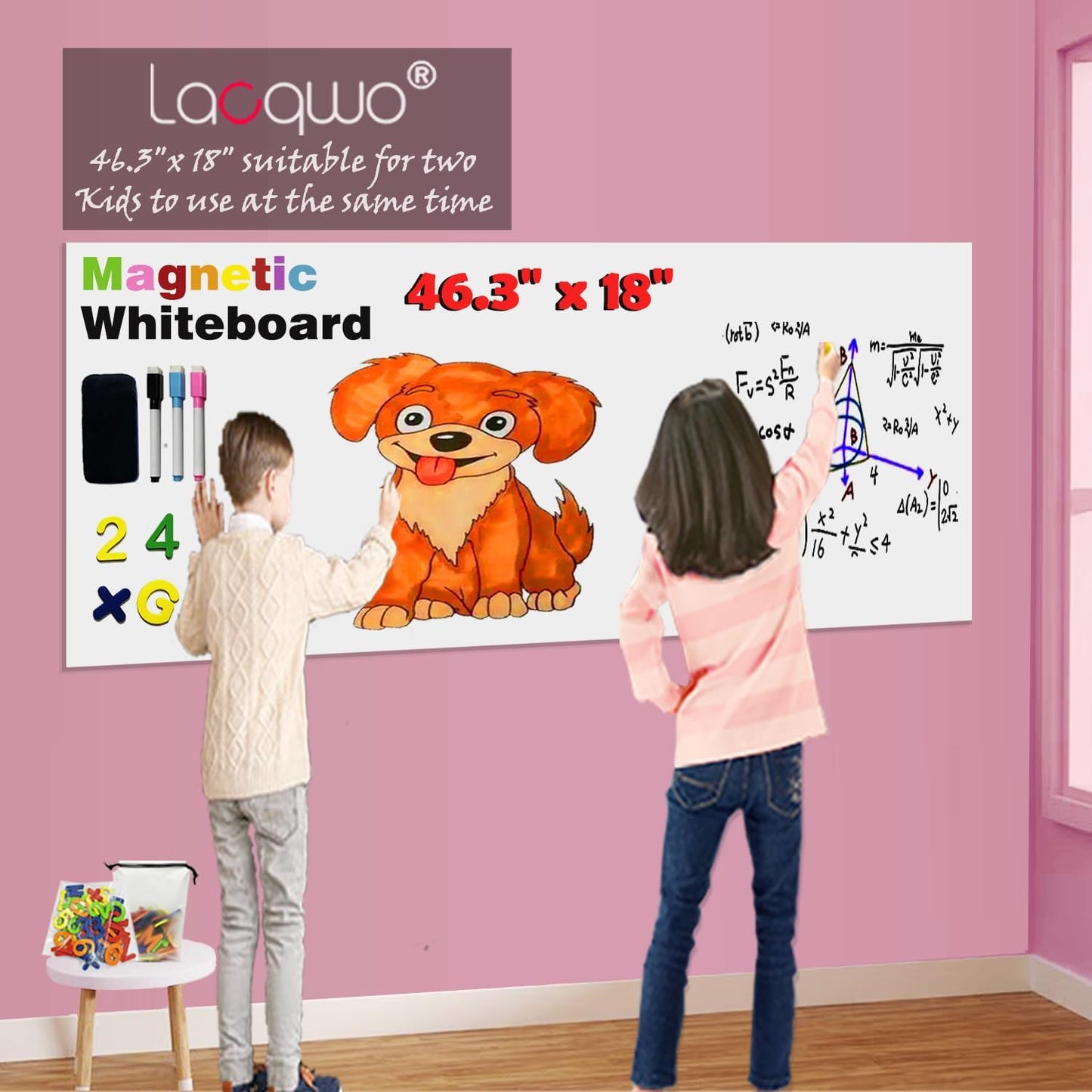 Magnetic Whiteboard Paper for Wall 46.3" x 18" Adhesive Magnetic Dry Erase White Board Sticker with 36 Magnet Letters 6 Markers for Kid Removable Peel and Stick Whiteboard Wallpaper Roll
