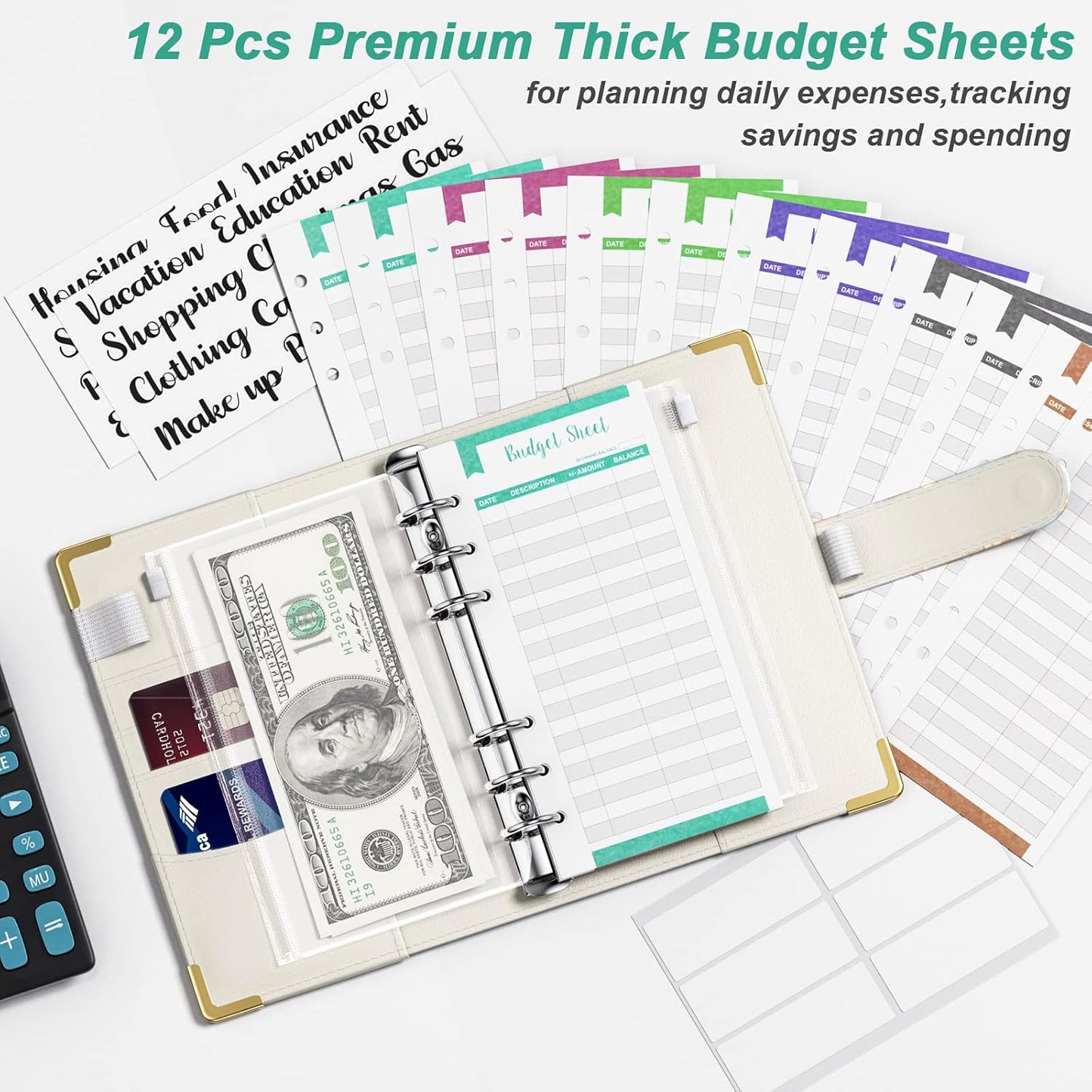 Rnivvi Budget Binder with Zipper Envelopes, A6 Money Saving Binder Cash Envelopes for Budgeting, PU Leather Planner Money Organizer for Cash Bills, Cute Marble System Wallet for Women, Gray White