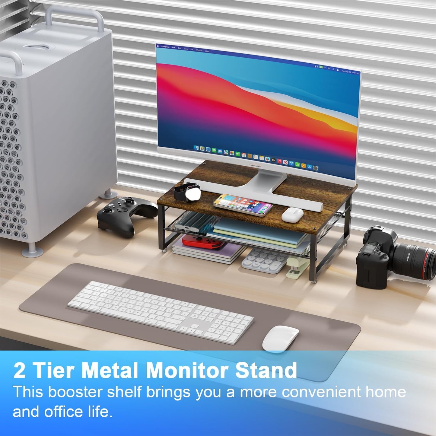 gianotter 2-Tier Metal Monitor Stand Riser, Desk Organizer for Monitor, Office Desk Storage Organizer for Office Supplies (Wood)