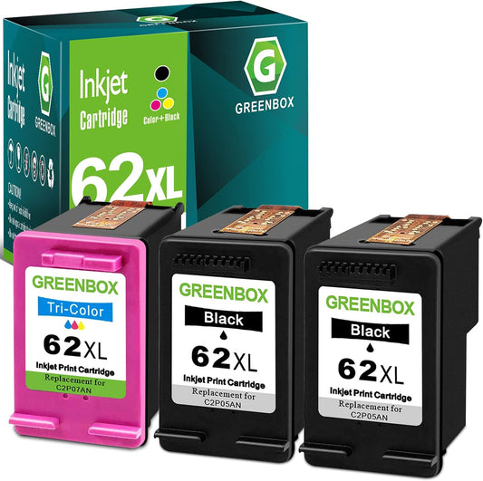 GREENBOX 62XL Ink Cartridge Black/Tri-Color Replacement for HP 62XL Ink Cartridge 62 XL for Envy 7640 5660 5540 5640 7645 5549 Officejet 5740 5741 8040 OfficeJet 200 250 Mobile Printer Ink, 3 Pack
