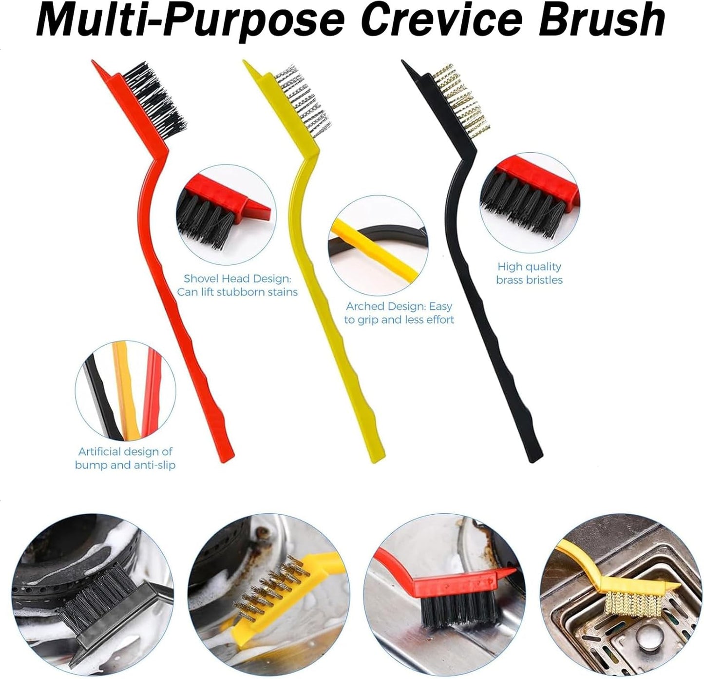Crevice Cleaning Brush, Hard Bristle Crevice Cleaner Brush, Small Metal Wire Brush with Curved Handle Grip for Rust, Dirt Paint Cleaning, Paint and Stain (Yellow, Red, Black, 4 Pack)