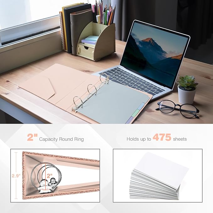 Ospelelf 3 Ring Binder with Clipboard, 2 Inch Leather, Letter Size (8.5" x 11") Dividers with 5 Tabs, Rose Gold