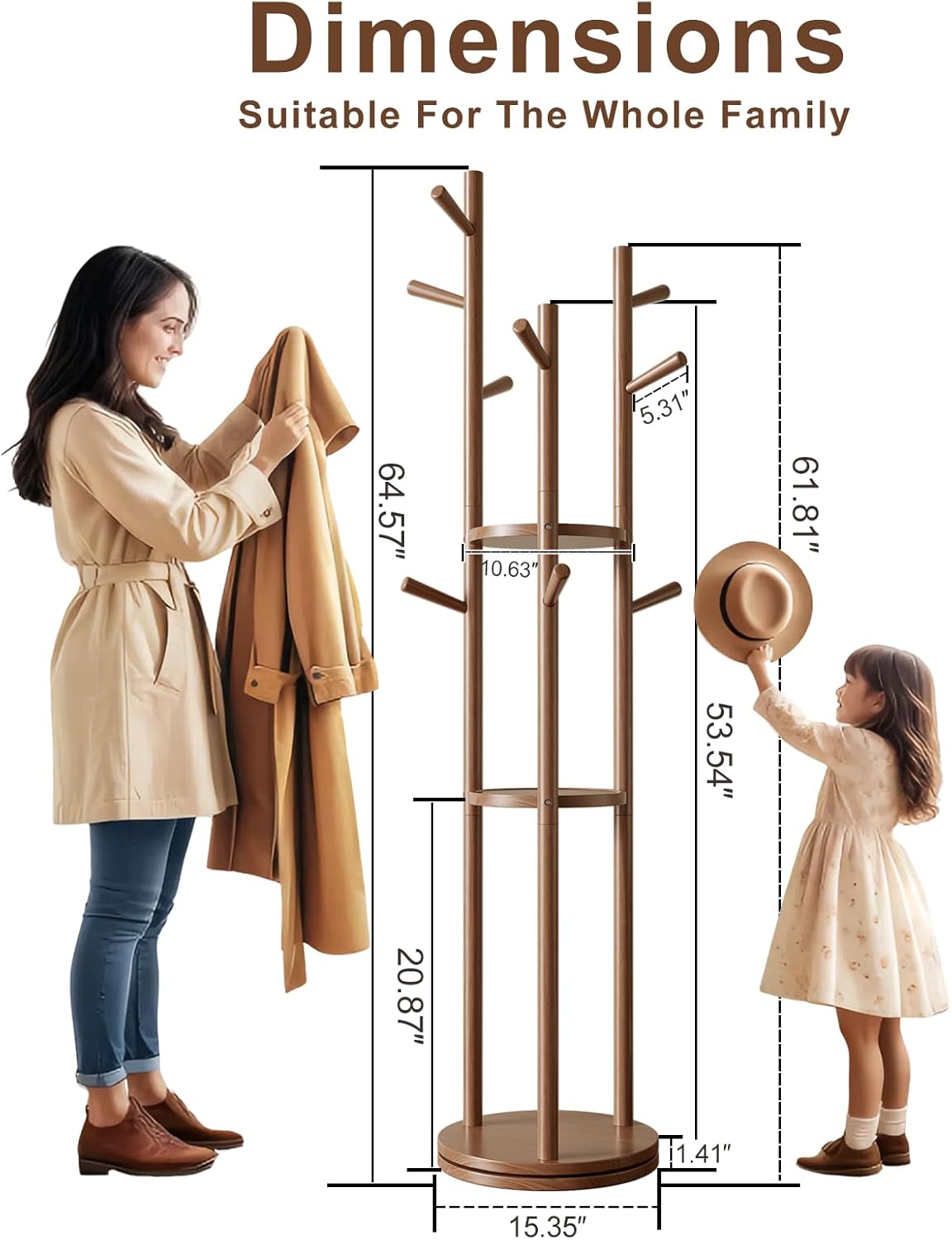 Solid Wood Rotary Coat Rack, Freestanding Coat Rack with 3 Shelves and 9 Hooks, Coat tree for Bedroom, Entryway, Livingroom, Coat Hanger Stand for Coats, Scarves, Handbags (Walnut)