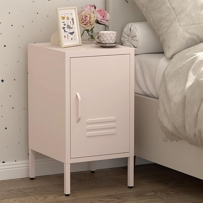 Metal Cabinet,Locker Nightstand with Shelf,Metal Storage Locker,Steel Bedside Storage Cabinets for Living Room Bedroom,Pink