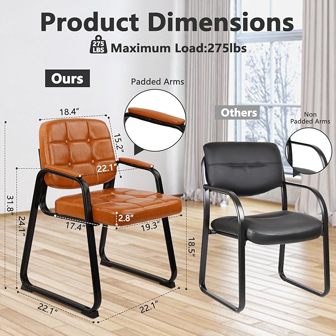 CLATINA Office Guest Chair, Leather Reception Chairs with Padded Arms, Desk Chair No Wheels Stationary for Conference Lobby Waiting Room Training Side Elderly, Set of 4-Orange