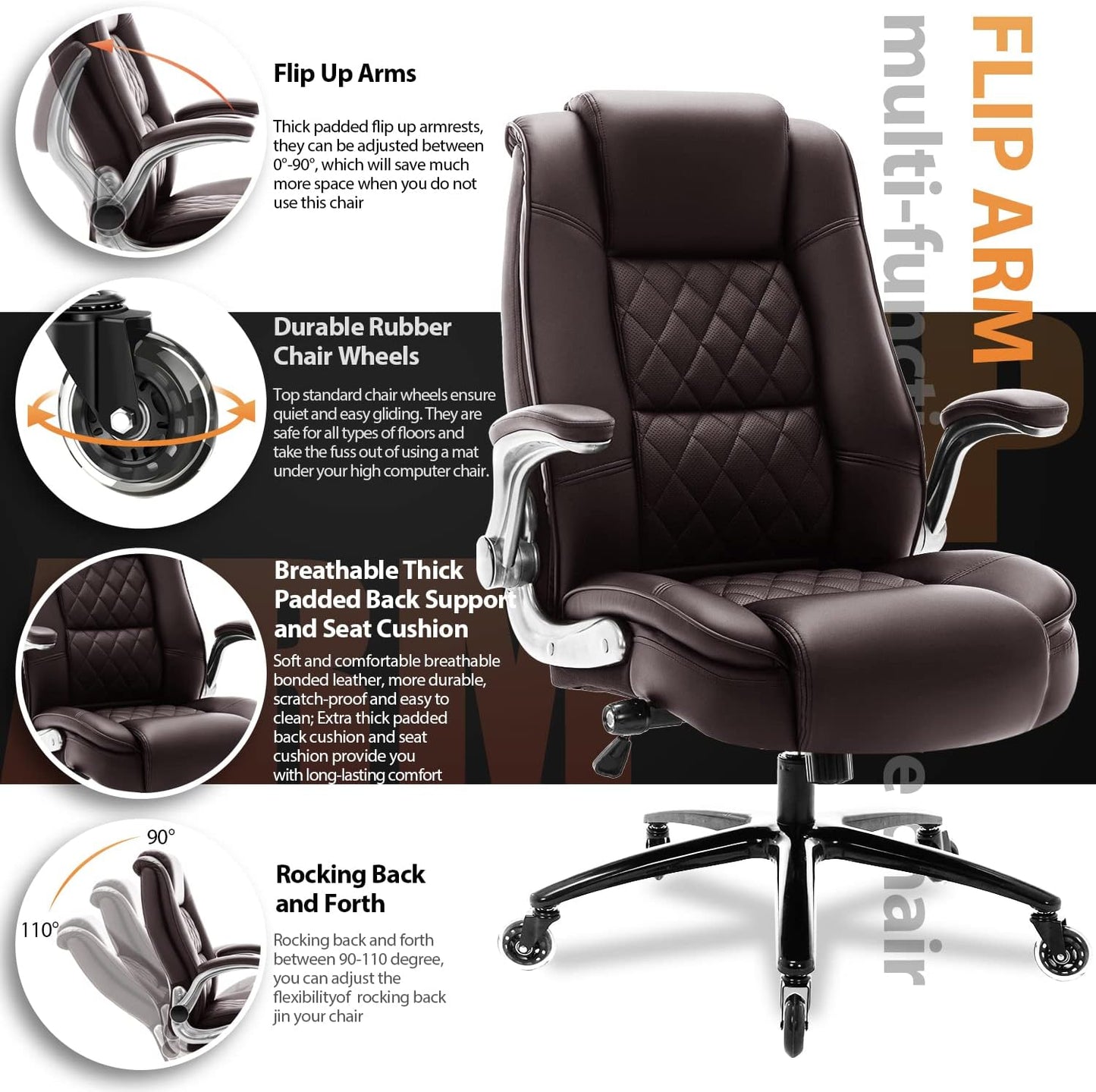 EZAKI High Back Office Chair-Flip-up Arms Executive Computer Desk Chair, Built-in Lumbar Support Thick Padded Adjustable Rock Tension Ergonomic Design for Back Pain (Brown)