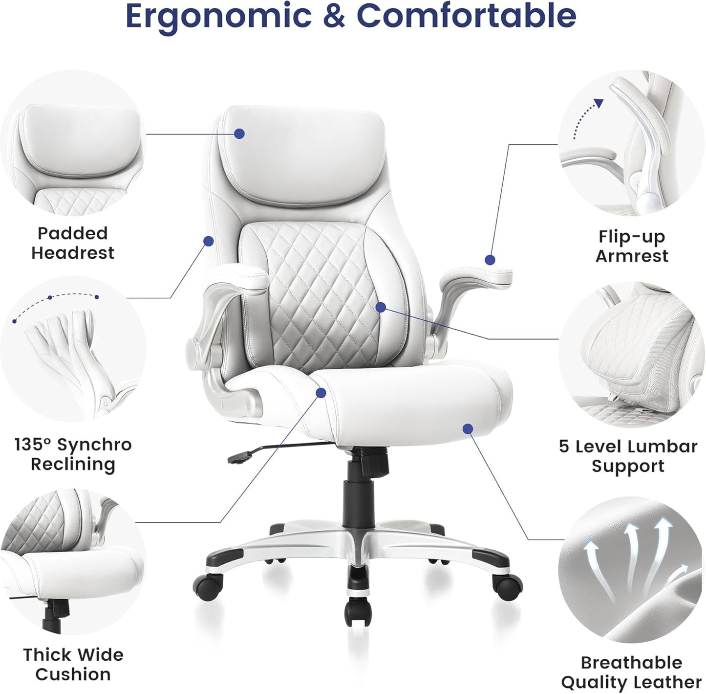 Nouhaus Ergonomic Office Chair Premium Microfiber Leather Adjustable Lumbar Support & Armrests, High Back Comfy Desk Gaming Chairs Executive Computer Swivel Chair Tilt Function(Posture,White)