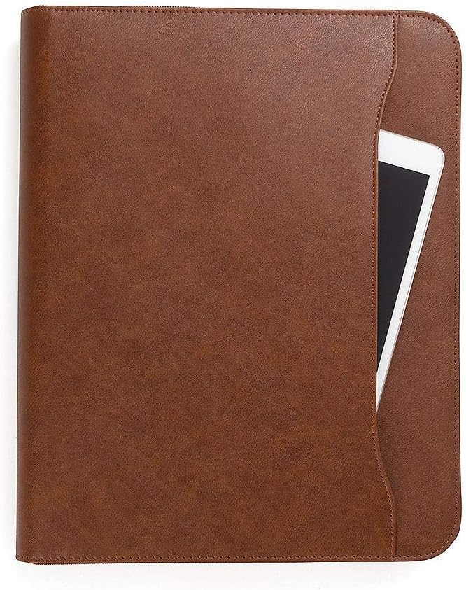 Padfolio Binder - Professional Faux Leather Travel Organizer Pouch for Tablet, Documents, Presentation Folders, Zipper Closure, Removable 3-Ring Notepad - Brown