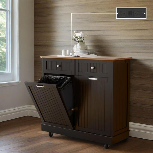 20 Gallon Tilt Out Trash Cabinet, Wooden Kitchen Trash Can Cabinet with Hideaway Drawer, Freestanding Laundry Hamper Garbage Recycling Cabinet on Wheels, Pet Proof, Double, Black