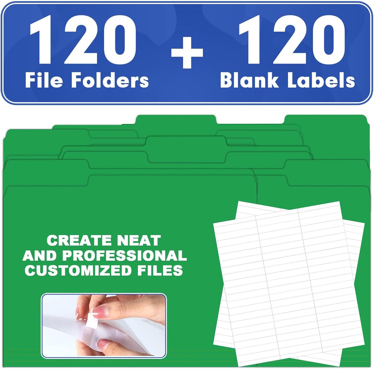 File Folder, HERKKA 120 Pack 1/3 Cut Tab File Folders, File Folders Great for Organizing and Filing, Letter Size, Green