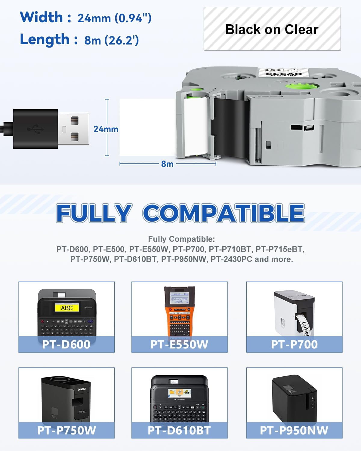 Tze151 24mm 0.94" Laminated Clear Tape Compatible for Brother Tze-151 Tz-151 P Touch Tz Tze Label Tape 24mm 1" Black on Clear for PTD600 PTD610BT PTP710BT PTP750W PTE550W Label Maker, 4-Pack