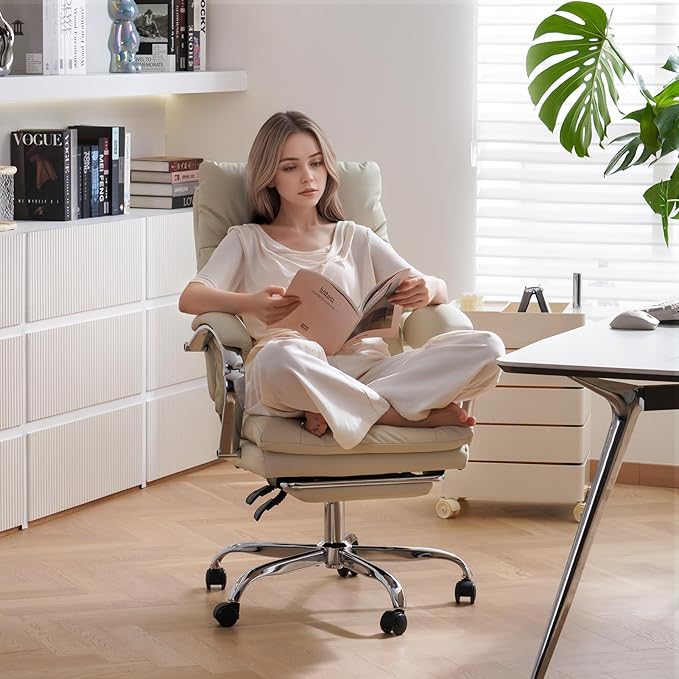 LEAGOO Office Chair with Foot Rest, Ergonomic Executive Office Chair with Arms, Reclining High Back PU Leather Comfy Swivel Computer Desk Chairs with Wheels and Lumbar Support for Home Office, Cream