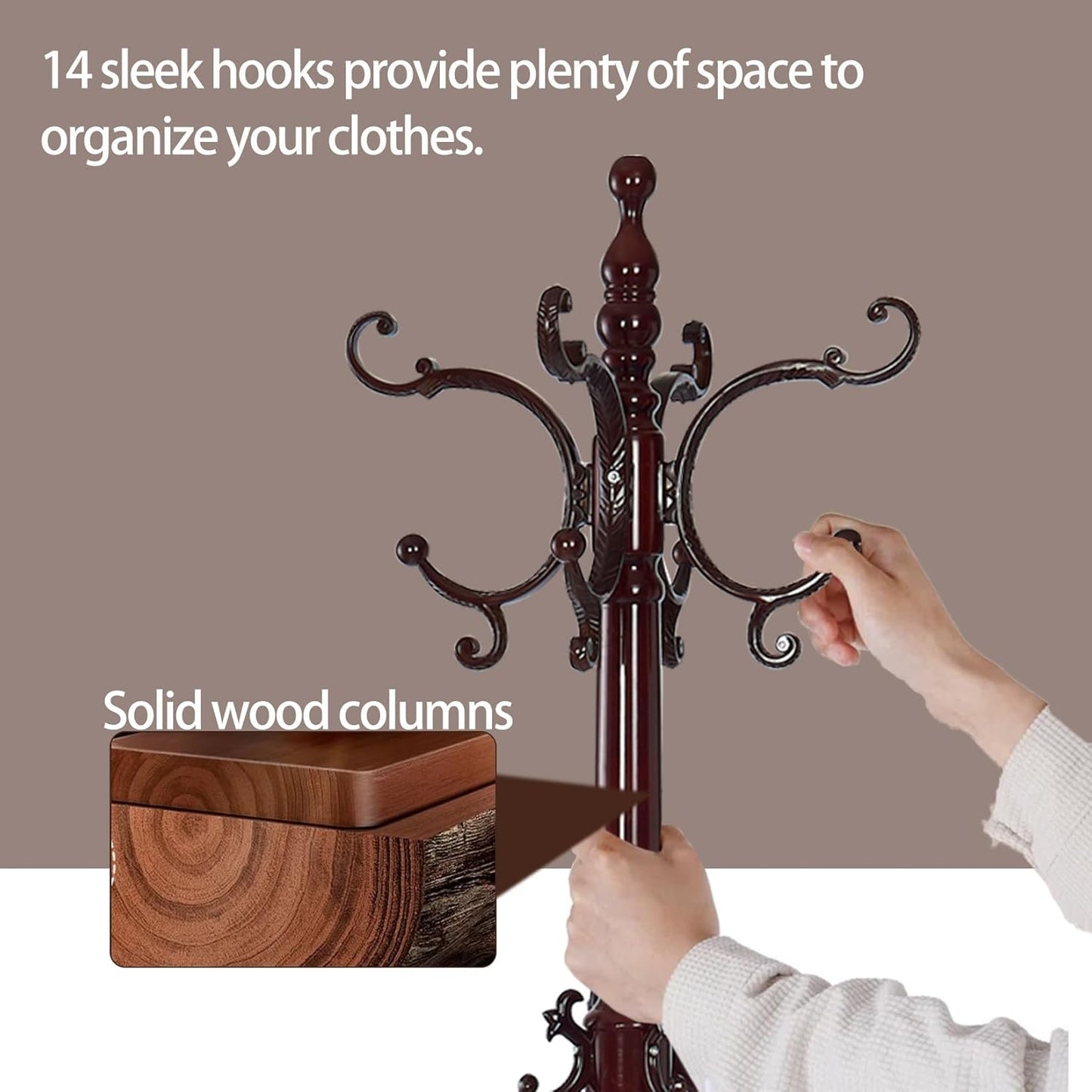 Wooden Coat Racks, Retro 78" Coat Tree with 14 Hooks & Stable Triangular Base, Entryway Coat Rack Freestanding for Hat, Clothes, Scarves, Handbags, Umbrella (Mahogany)