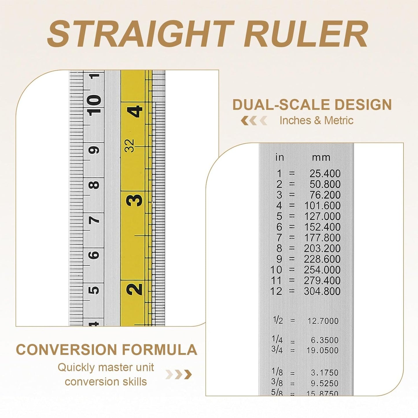 HARFINGTON 6pcs Metal Straight Ruler 30cm Metric SAE Aluminum Alloy Measuring Rulers Scale Tool with Hole for Measure Study Reading Classroom Office, Yellow
