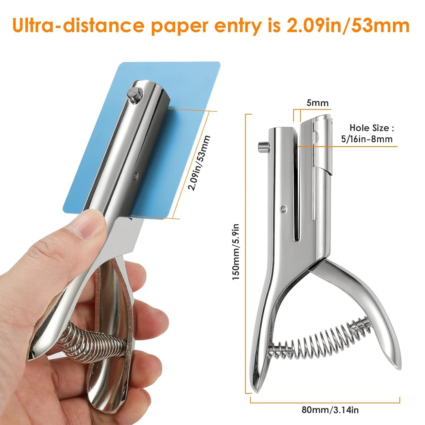 Hole Punch 5/16 inch Single Hole Punch,Heavy Duty Hole Puncher Single,Paper Punch Portable Hand Held Long Hole Puncher for Paper Cards Plastic Cardboard (Silver) (5/16"-8mm Hole)