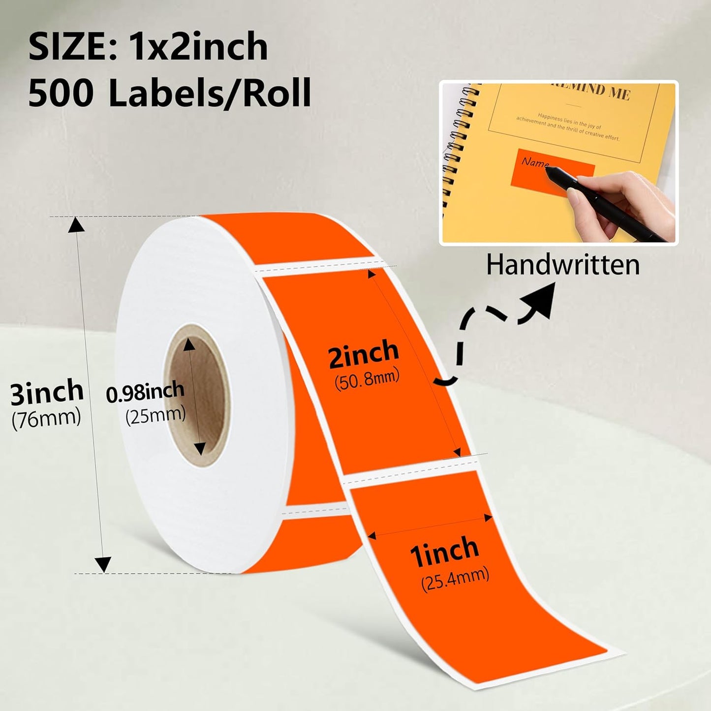 1x2 inch Label Stickers Roll for Thermal Printer 500PCS Colored Removable Freezer Labels Waterproof Blank Sticker Labels to Write on for Food Containers and Jars, Fluorescent Orange