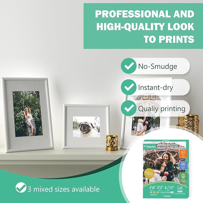 Glossy Photo Paper 4x6, 5x7, 8.5x11, 120 Variety Pack Bulk, Assorted Sizes, Inkjet printer, 52lb/200gsm