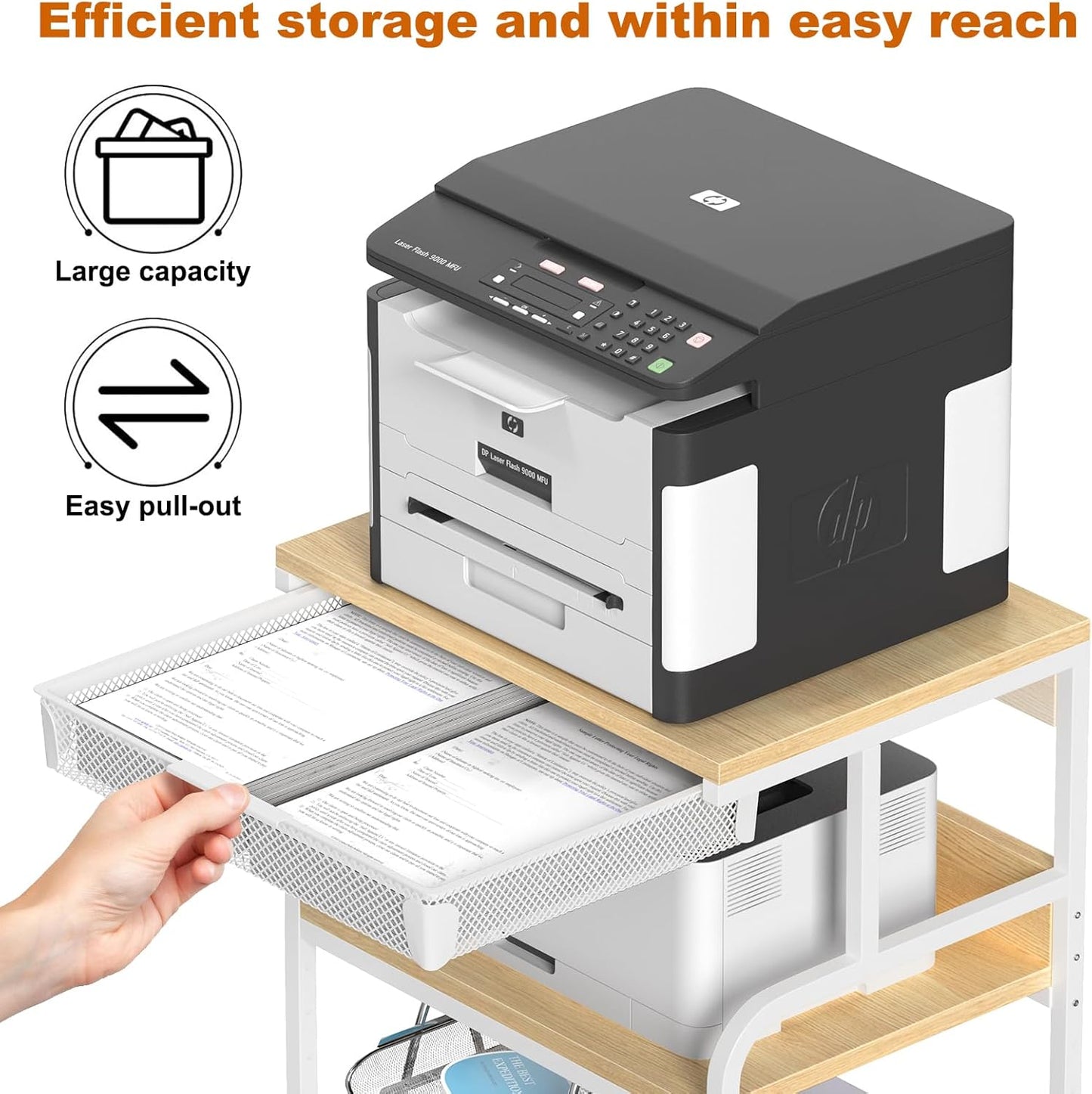 EasyCom Extra Large 3 Tier Printer Table with Wheels, 5-Adjustable Heights, Drawer & Storage for Printer Scanner Fax Home Office Use