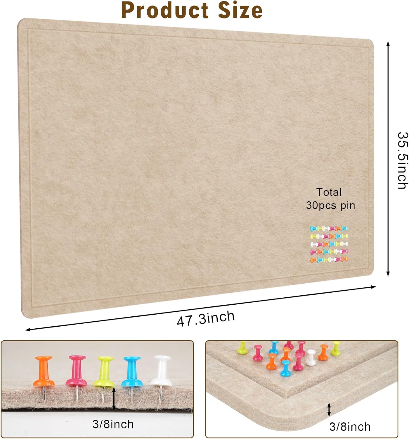 Large Bulletin Board, 48 X 36 inches Felt Board Notice Pin Board, 4' x 3'Cork Board Alternative for Wall, Self-Adhesive Vision Board Mood Board Foldable Photo Board with 30 Pushpin (Beige Brown)