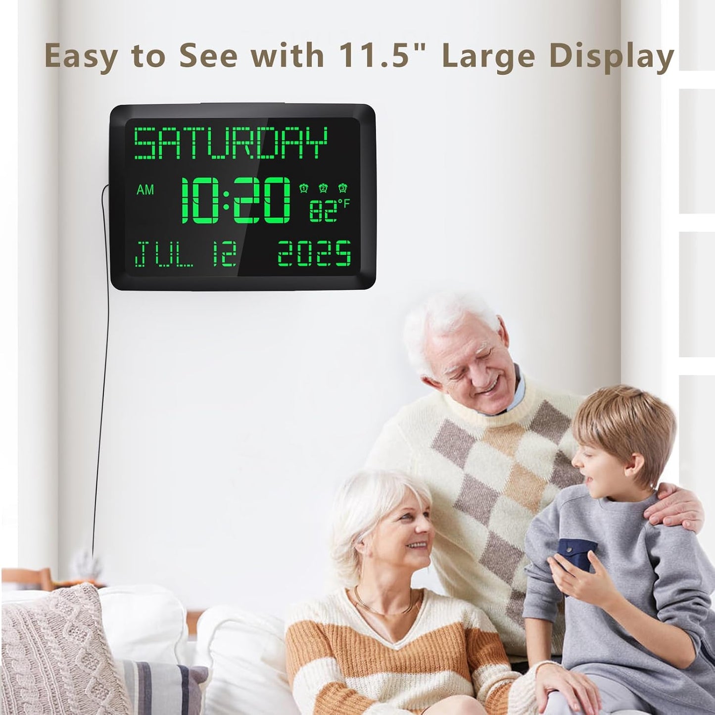 Raynic Day Clock, 11.5" Large Display Calendar Clock with Day and Date, Indoor Temperature, Adjustable Brightness, Snooze,12/24H, DST for Home, Office, Elderly