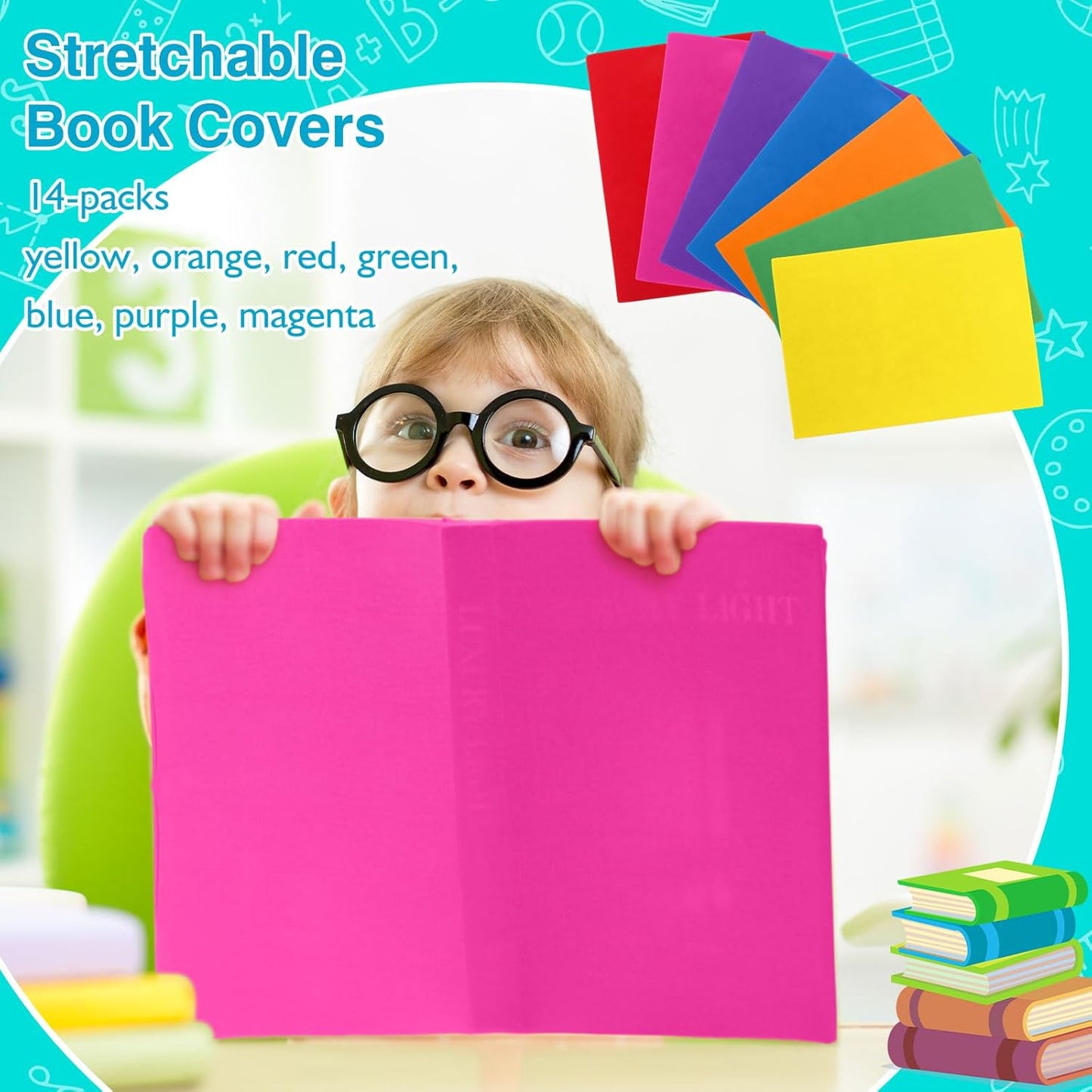 Sherr 14 Pack Stretchable Jumbo Book Sleeve Covers 14.5 x 9 Inch Stretchable Book Covers Fabric Book Cover Protector Reusable Book Cloth for Classroom Most Hardcover Book About 9 x 12 Inch