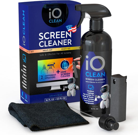 Screen Cleaner Spray (16oz + mini Cleaner) – Best Large Cleaning Kit for LCD LED OLED TV, Smartphone, iPad, Laptop, Touchscreen, Computer Monitor, Electronic Devices, Microfiber Cloth and 2 Nozzles