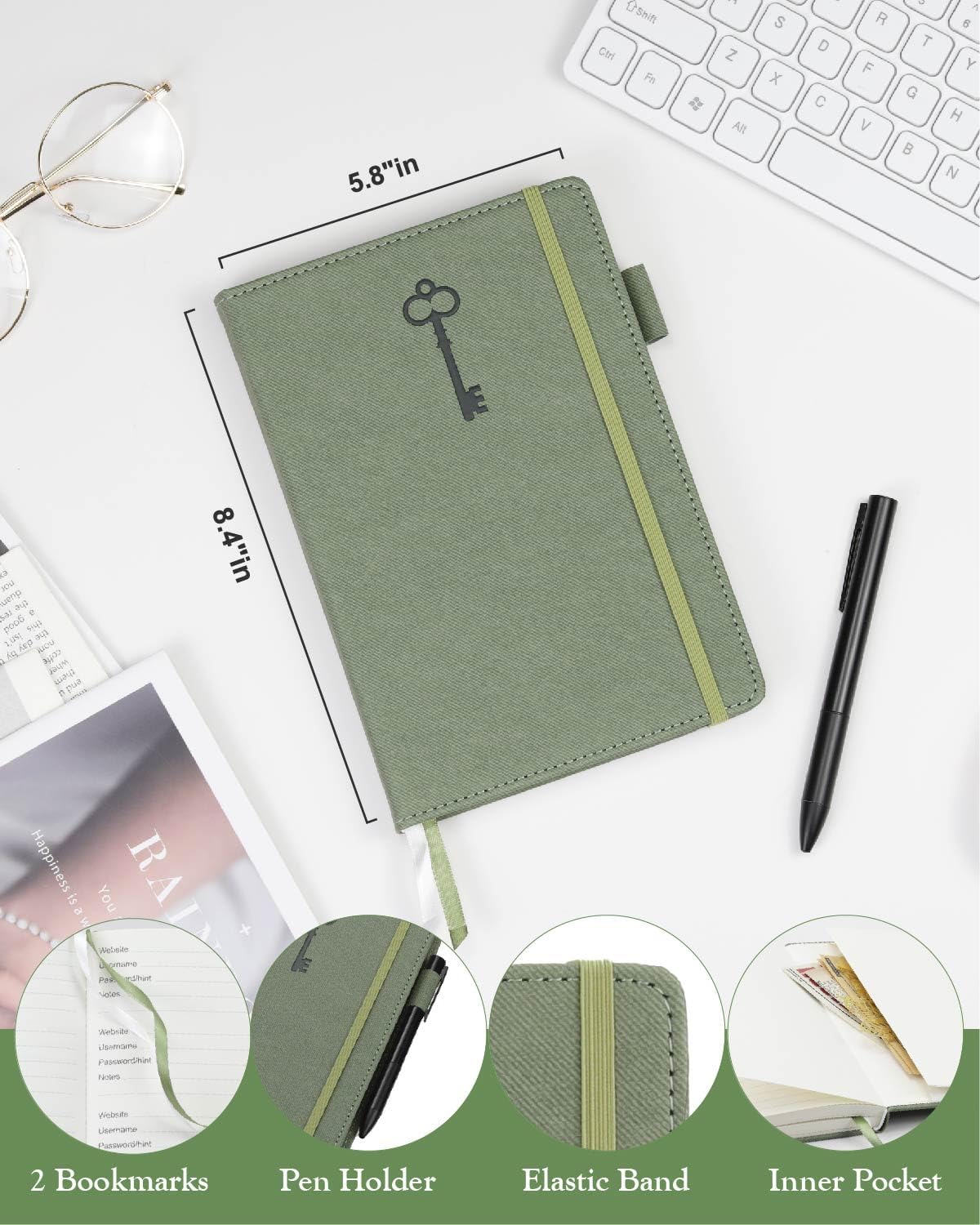 Password Keeper Book with Colorful Alphabetical Tabs, Hardcover Password Log-book for Internet Password and Website Address, 5.8"×8.4" Password Notebook for Home Office (Sage Green)