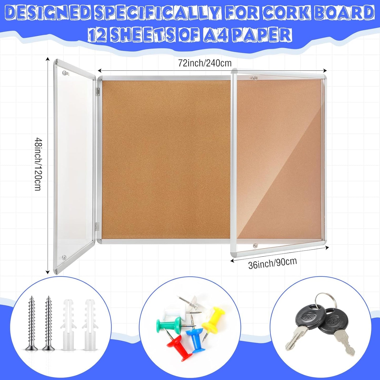 2 Pack Enclosed Bulletin Board 48"x36" Weather Resistant Lockable Enclosed Notice Cork Case Display Board Wall Mounted 2 Locking Door Aluminum Frame for Back to School Classroom, 12xA4(Brown)