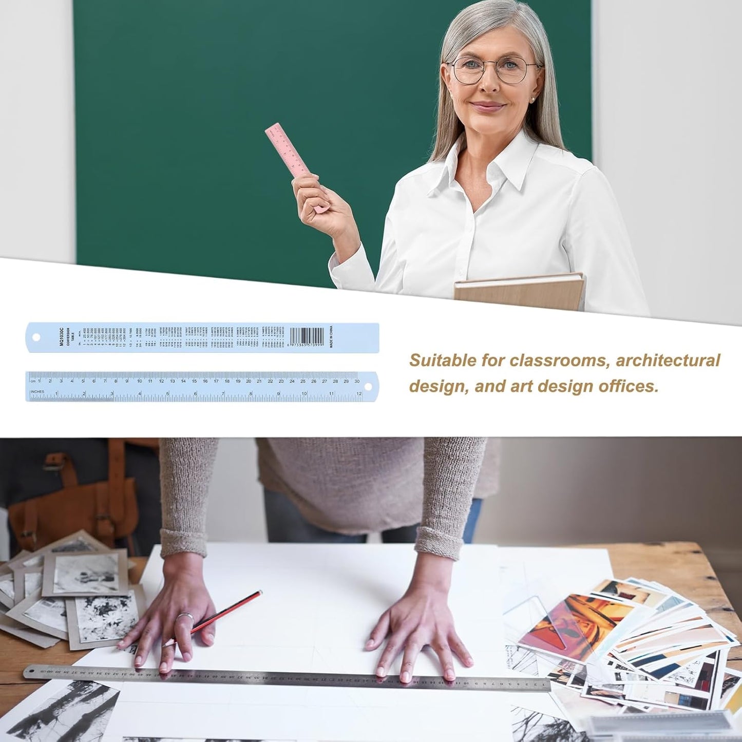 HARFINGTON 6pcs Metal Straight Ruler 30cm Metric SAE Aluminum Alloy Measuring Rulers Scale Tool with Hole for Measure Study Reading Classroom Office, Light Blue