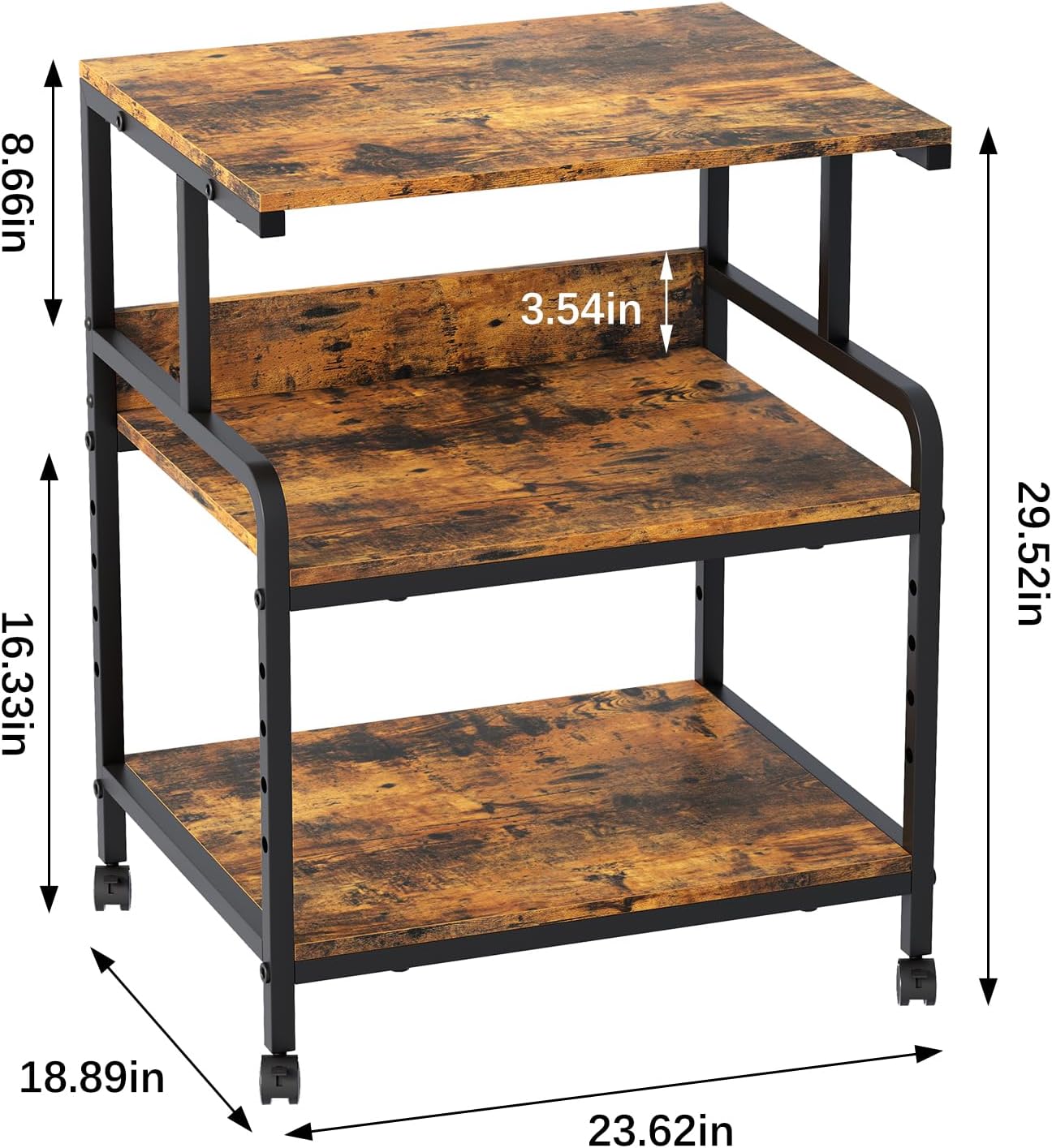 Large Printer Stand with Storage Shelf, 23.6" W x 18.9" D Printer Cart with Wheels, 3 Tier Mobile Printer Table for Home Office,Stands for Heat Press Scanner Fax (Brown)