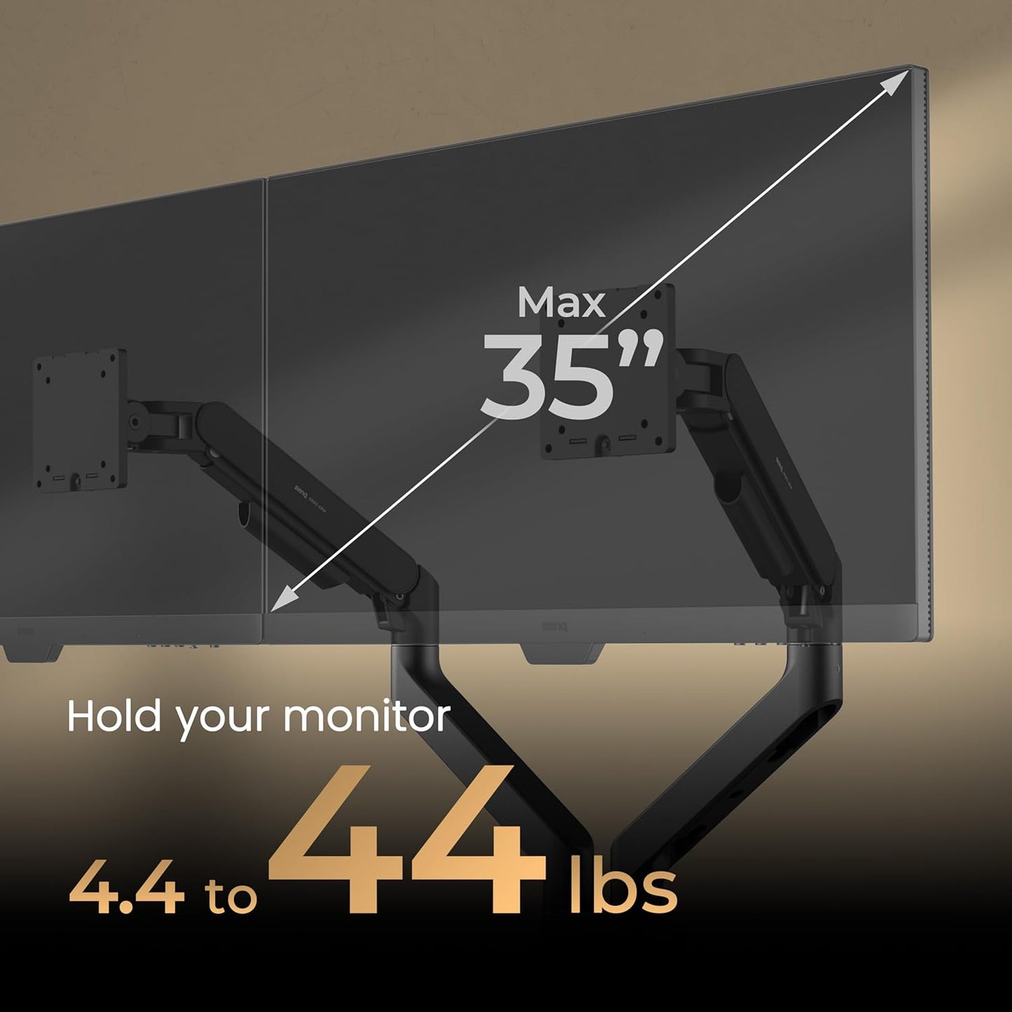 BenQ BDH01 Dual Monitor Arm -Gas Spring Monitor Stand for 2 Screens Up to 35'' & 44lbs, Heavy Duty, Quick Installation, No Sagging, Top Clamp and Grommet Base, Reinforcement Plate, VESA 75x75 &100x100