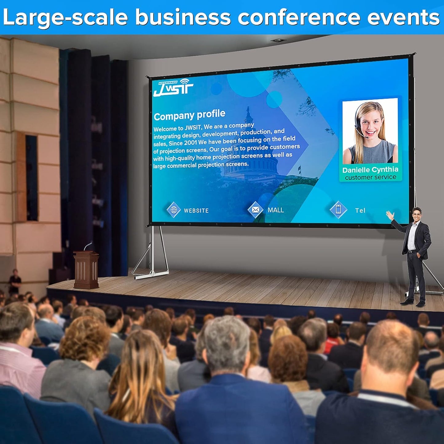 250 inch Projector Screen with Stand, Upgraded 3 Layers PVC 16:9 Large Outdoor Projector Screen, Portable Outdoor Movie Screen with Carrying Bag for Large Commercial Performance